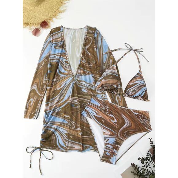 Blue Tan Marble Three-Piece High Waist Bikini Set Size 3XL - Picture 2 of 7